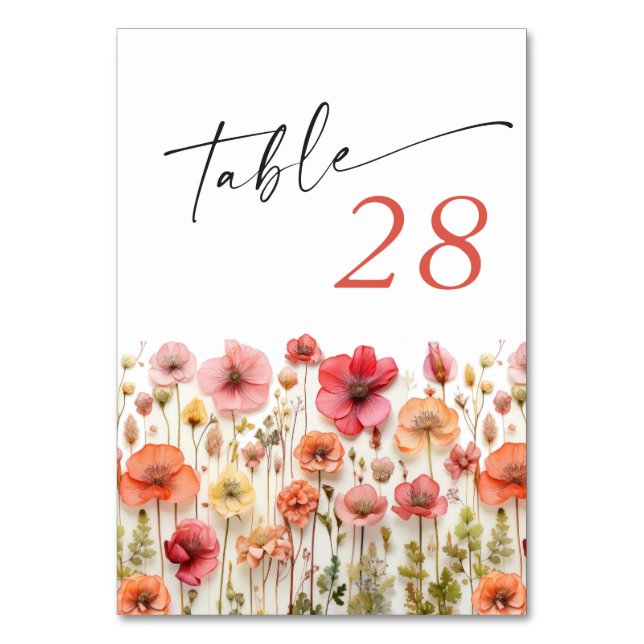 Retro Pastel Pink Boho Wildflower Wedding Details Table Number (Front)