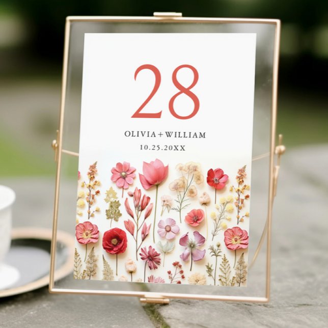 Retro Pastel Pink Boho Wildflower Wedding Details Table Number (Creator Uploaded)