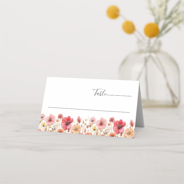 Retro Pastel Pink Boho Wildflower Wedding Place Card (Front)