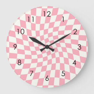 Retro Pastel Pink Checks Warped Chequered Dorm   Large Clock