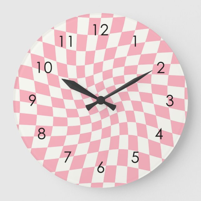Retro Pastel Pink Checks Warped Chequered Dorm   Large Clock (Front)