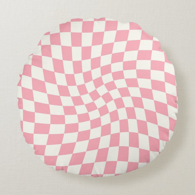 Retro Pastel Pink Checks Warped Chequered Dorm  Round Cushion (Front)