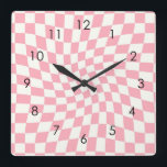 Retro Pastel Pink Checks Warped Chequered Dorm Square Wall Clock<br><div class="desc">Perfect warped chequered design pillow in pastel colours,  full of great vibes. Modern warped checkers pattern. This nice retro psychedelic design takes you to the wonderland. Warped checks in pastel colours. Twirl and swirl checks,  chequered pastel pattern</div>