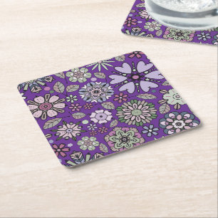 Retro Pastel Pink Purple Floral Seamless Pattern Square Paper Coaster