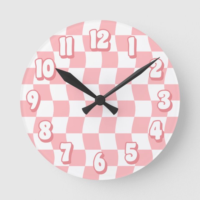 Retro Pastel Pink White Wavy Chequerboard Round Clock (Front)