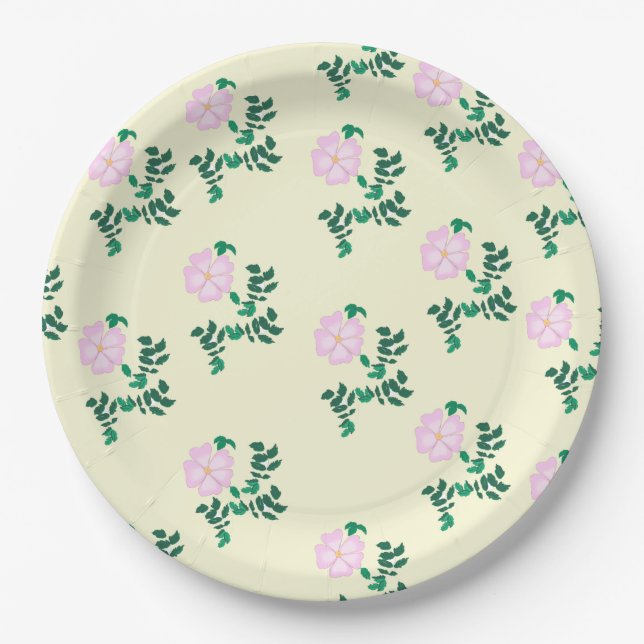 Retro Pastel Pink Wild Rose Flower Pattern   Paper Plate (Front)