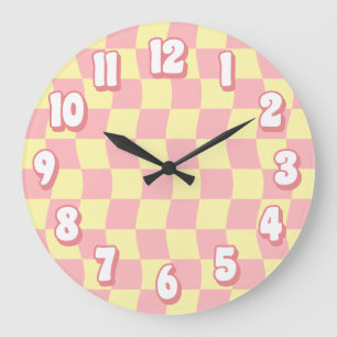 Retro Pastel Pink Yellow Wavy Chequerboard Large Clock