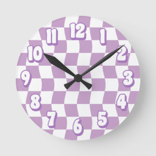 Retro Pastel Purple White Wavy Chequerboard Round Clock