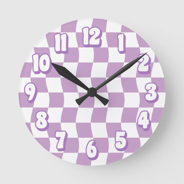 Retro Pastel Purple White Wavy Chequerboard Round Clock (Front)