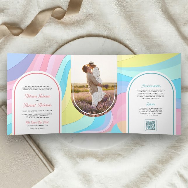 Retro Pastel Rainbow Arch Photo QR Code Wedding Tri-Fold Invitation (Creator Uploaded)