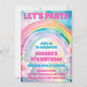 Retro Pastel Rainbow Flowers Let's Party Birthday Invitation