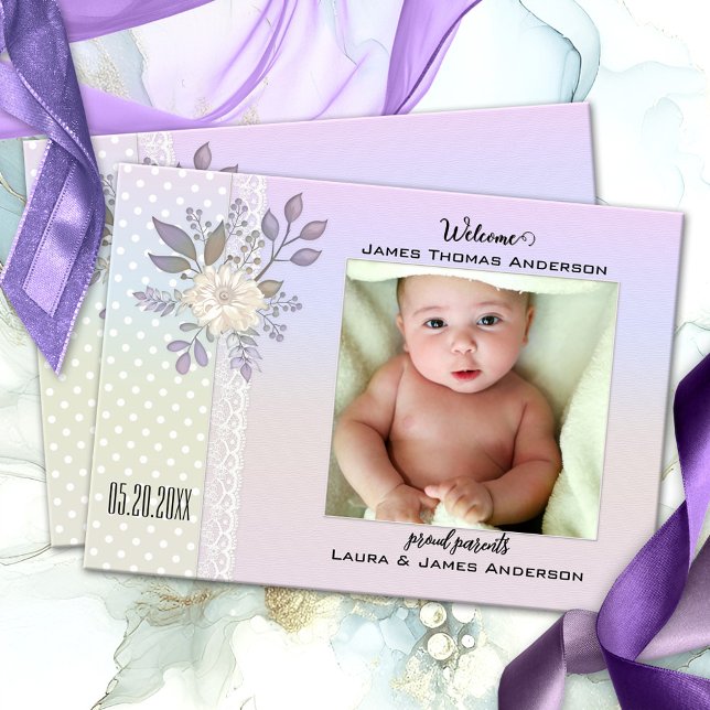 Retro Pastel Script Baby Photo Birth Announcement (Elegant floral baby photo birth announcement card in a retro style with polka dots and lace )