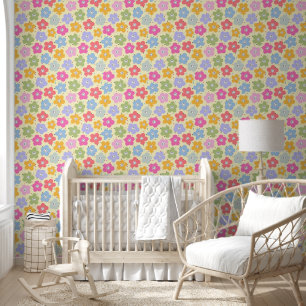 Retro Pastel Smiley Flower Pattern Accent Wallpape Wallpaper