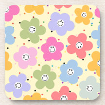 Retro Pastel Smiley Flower Pattern Drink Coaster