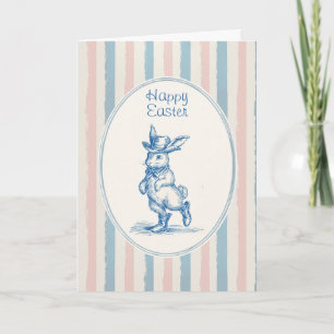 Retro Pastel Striped Vintage Blue Bunny Easter Card