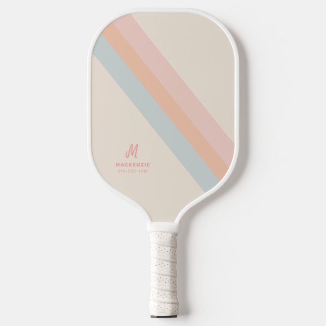 Retro Pastel Stripes Custom Monogram Name Pickleball Paddle (Front)