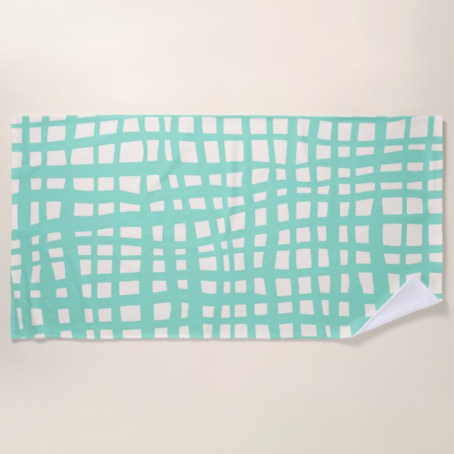 Retro pastel turquoise grid pattern beach towel (Front)