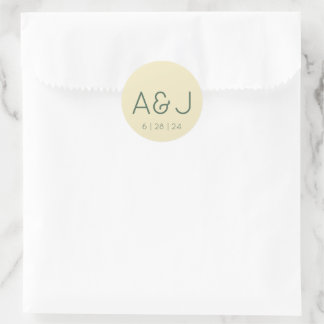 Retro Pastel Yellow and Green Monogram Wedding Classic Round Sticker