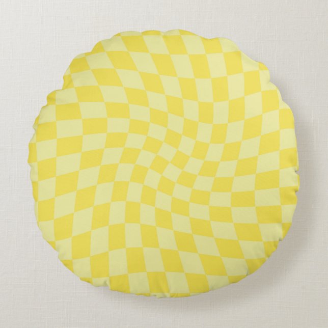 Retro Pastel Yellow Checks Warped Chequered Dorm  Round Cushion (Front)