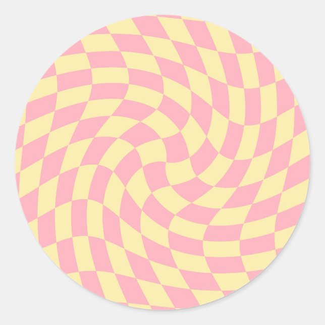Retro Pastel Yellow Pink Warped Check Chequered   Classic Round Sticker (Front)