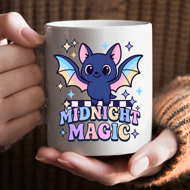 Retro Pastelcore Cute Halloween Bat & Chequerboard Coffee Mug (The midnight magic kawaii bat design shines with retro pastel charm.)