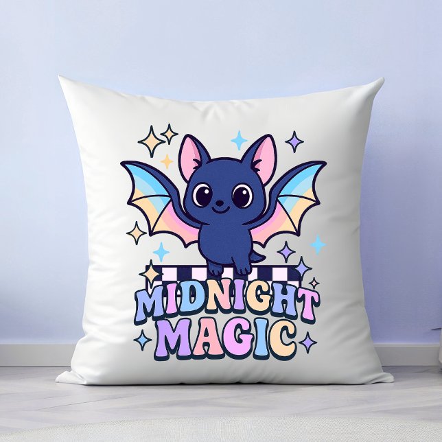 Retro Pastelcore Cute Halloween Bat & Chequerboard Cushion (The midnight magic kawaii bat design shines with retro pastel charm.)