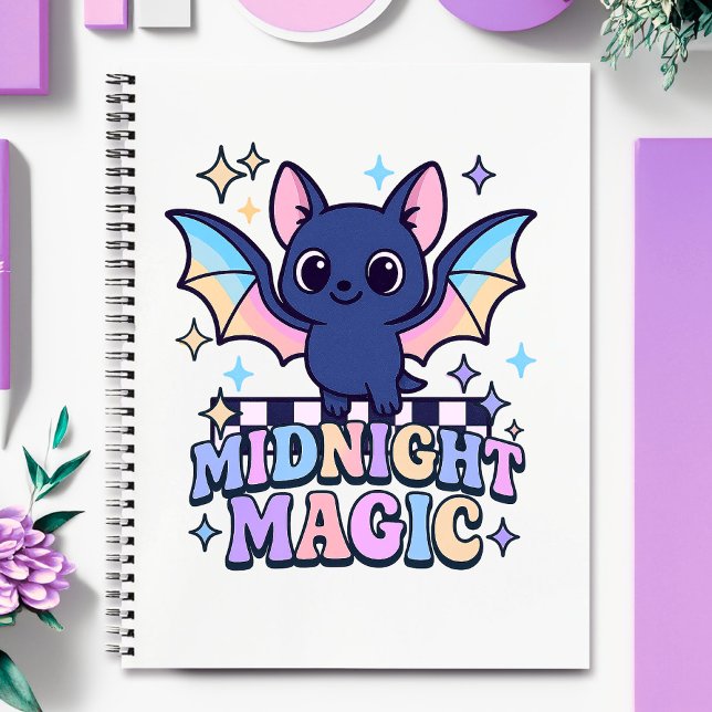 Retro Pastelcore Cute Halloween Bat & Chequerboard Notebook (The midnight magic kawaii bat design shines with retro pastel charm.)