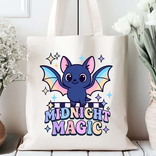 Retro Pastelcore Cute Halloween Bat & Chequerboard Tote Bag (The midnight magic kawaii bat design shines with retro pastel charm.)