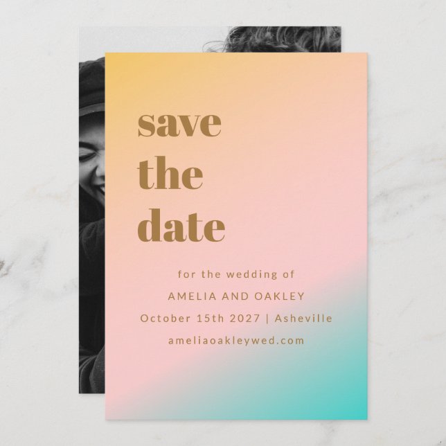 Retro Pastels Gradient Simple Unique Wedding Photo Save The Date (Front/Back)