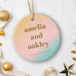 Retro Pastels Gradient Unique Wedding Photo Ceramic Tree Decoration<br><div class="desc">Commemorate your special day with this Retro Summer Beach Vibes Wedding Ornament, featuring a soft pastel gradient that captures the essence of a serene beach sunset. Personalise it with your names, wedding date, and a cherished photo to create a unique keepsake that celebrates your love. The retro-inspired typography and gentle...</div>