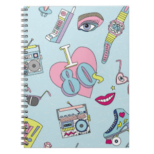 Retro patch badges, 80s-90s style pattern. notebook