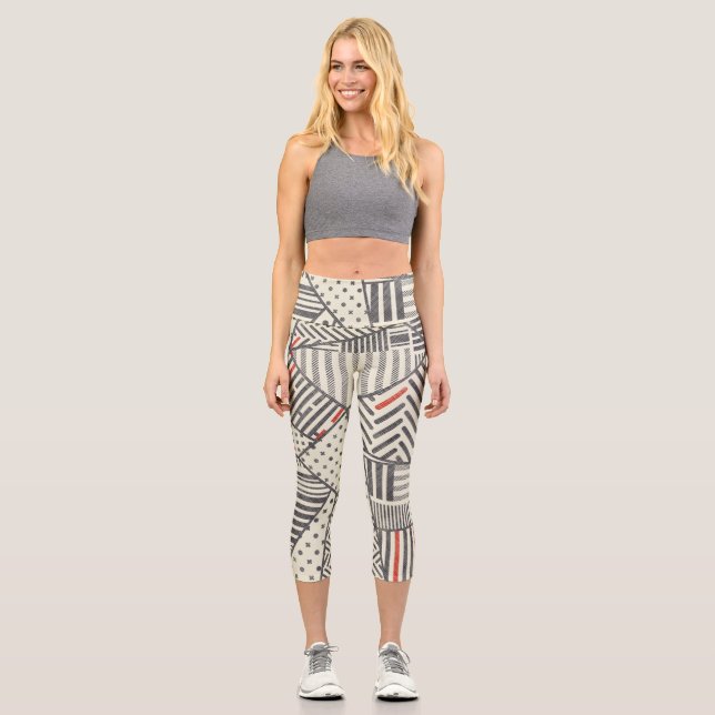Retro Patchwork: Abstract Geometric Design Capri Leggings (Front)