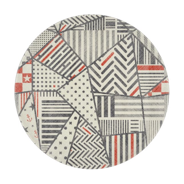 Retro Patchwork: Abstract Geometric Design Cutting Board (Front)