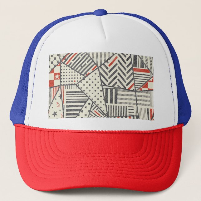 Retro Patchwork: Abstract Geometric Design Trucker Hat (Front)