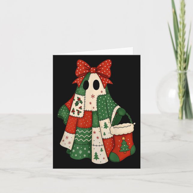 Retro Patchwork Christmas Ghost Coquette Bow X-mas Card (Front)