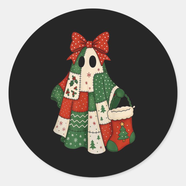 Retro Patchwork Christmas Ghost Coquette Bow X-mas Classic Round Sticker (Front)