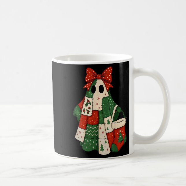 Retro Patchwork Christmas Ghost Coquette Bow X-mas Coffee Mug (Right)