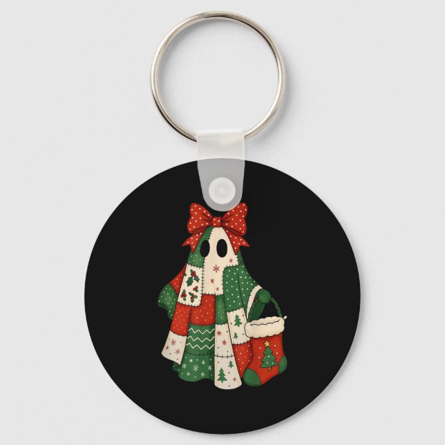 Retro Patchwork Christmas Ghost Coquette Bow X-mas Key Ring (Front)