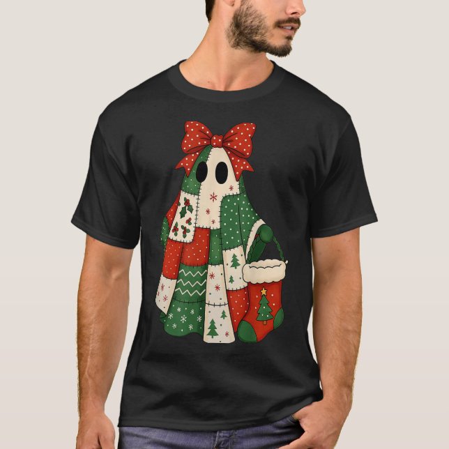 Retro Patchwork Christmas Ghost Coquette Bow X-mas T-Shirt (Front)