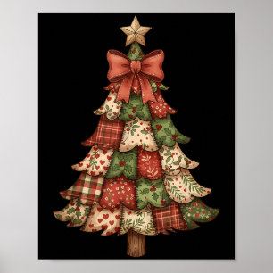 Retro Patchwork Christmas Tree Vintage Merry Xmas Poster