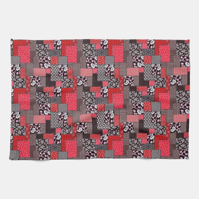 Retro Patchwork Floral Quilt Pattern Tea Towel (Horizontal)
