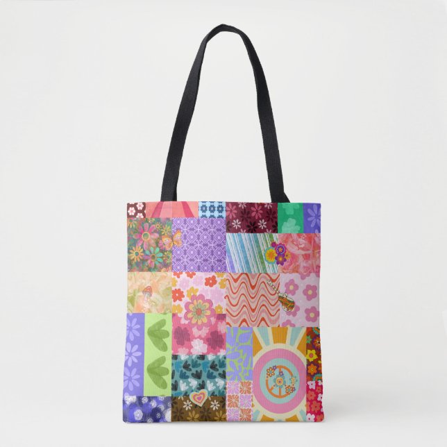 Retro Patchwork Groovy Boho Tote Bag (Front)