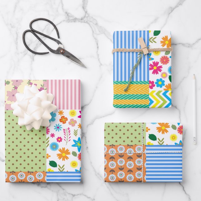 Retro Patchwork Quilt Sewing Pattern Theme Wrapping Paper Sheet (Front)