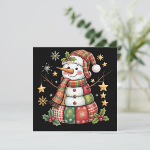 Retro Patchwork Snowman Merry Christmas Coquette Holiday Card
