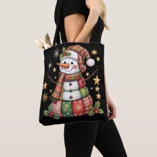 Retro Patchwork Snowman Merry Christmas Coquette  Tote Bag