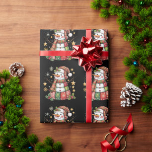 Retro Patchwork Snowman Merry Christmas Coquette  Wrapping Paper