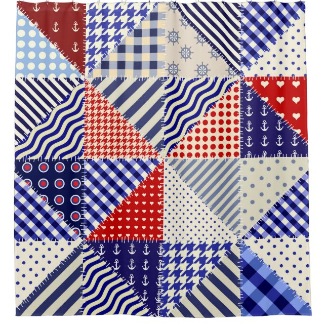 Retro Patchwork Triangles Nautical Style Shower Curtain (Front)