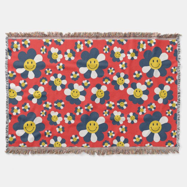 Retro Patriot Smiley Face Throw Blanket (Front)