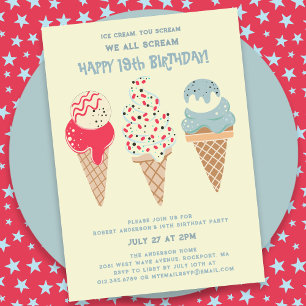 Retro Patriotic Ice Cream Cone 19th Birthday Invitation