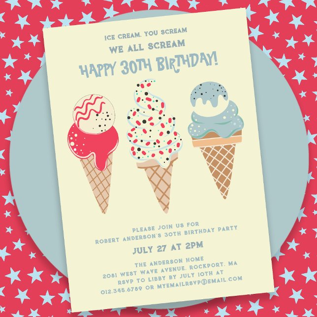 Retro Patriotic Ice Cream Cone 30th Birthday Invitation (Creator Uploaded)